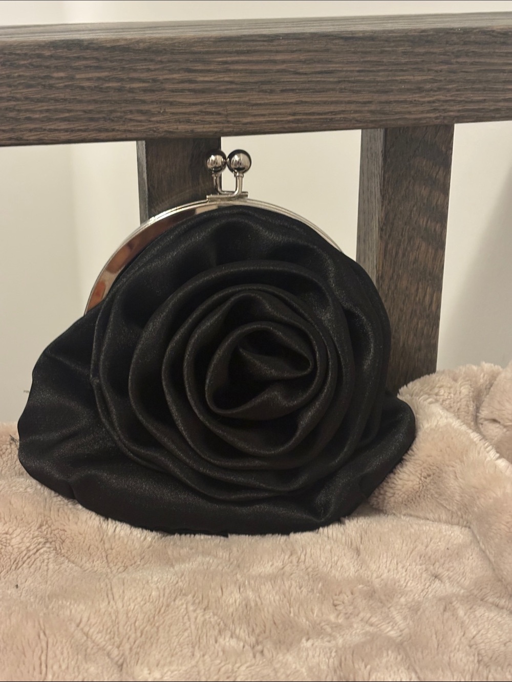 Vintage Black Rose Evening Clutch with Silver Frame